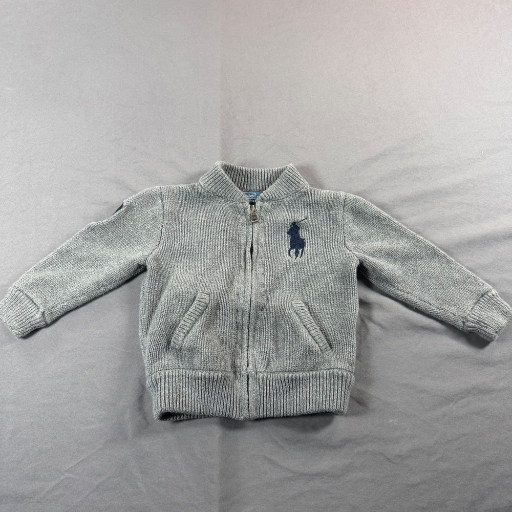 Polo Ralph Lauren Toddler Boys Gray Full Zip Cotton Knit Cardigan Sweater 18M